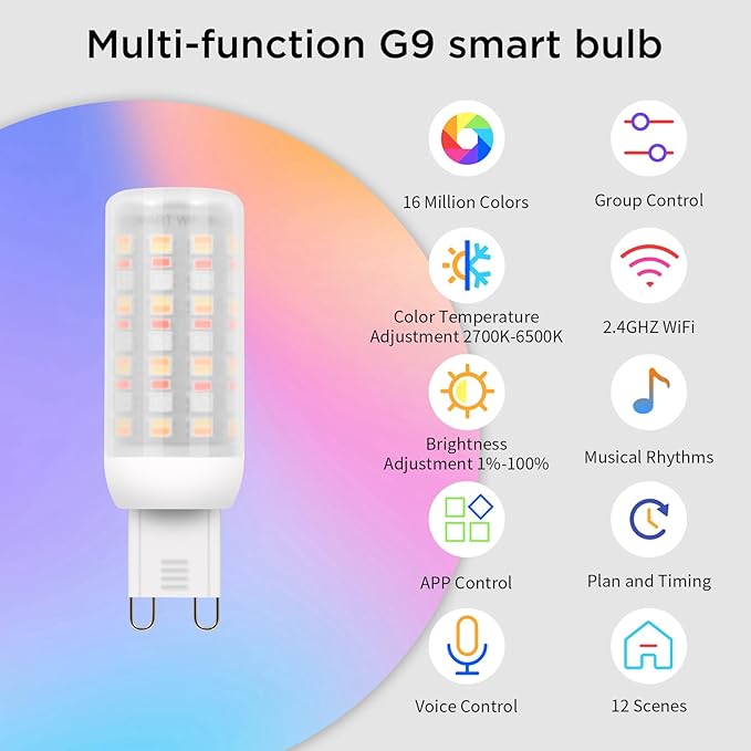 I-SHUNFA Wi-Fi RGBCW Smart G9 LED Bulbs,Compatible with Alexa/Google Home,Multicolour Dimmable,2700K-6500K,4W,400LM AC 120V,Brightness Adjustable 1%-100%,with Musical Rhythm LED Light Bulb,2 Pack