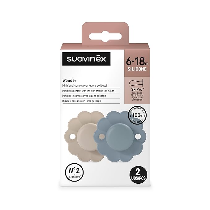 Suavinex Wonder Baby Pacifier, SX Pro Silicone Nipple, Reversible, Non Irritating Shield Design, 2Pk Pacifiers 6-18 Months, Made in Europe, Cloud/Lake