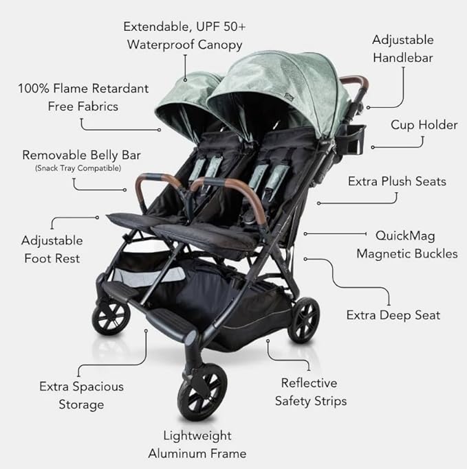 Lightweight Double Side by Side Stroller - 22 Lbs, 9.5" Compact Fold, Twin Nap Ready Seating, No Rethread Harness, Magnetic Buckle & Ultra Plush Seat 60Lb Max Per Seat- (v2 Sage)