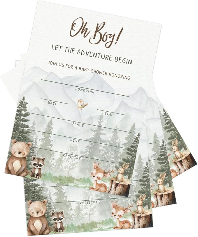 Printed Party Woodland Adventure Baby Shower Invitations – 30 Invites with Envelopes, Forest Animal Theme for Boy