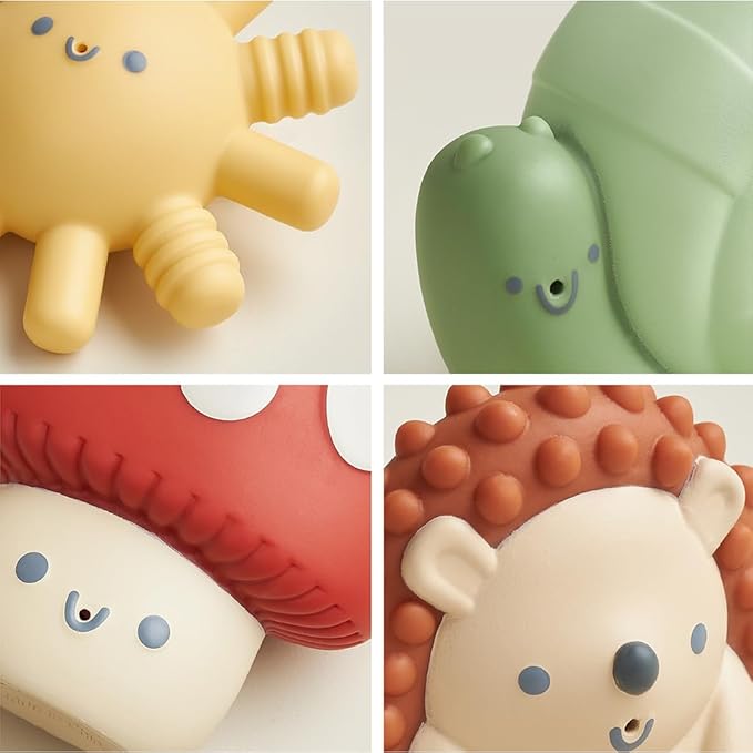 Itzy Ritzy Water-Squirting Sensory Bath Toys – Soft, Textured & Easy to Squeeze for Babies & Toddlers – Characters for Fun & Motor Skill Development - Set of 4 Includes Sun, Snail, Mushroom & Hedgehog