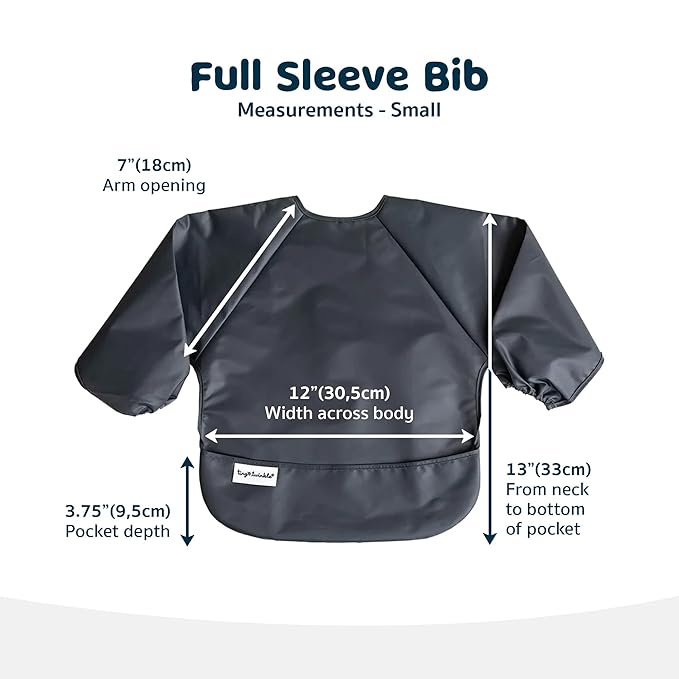 Tiny Twinkle Mess Proof Baby Bibs, 2pk Waterproof Smock Baby Bibs for Eating, Machine Washable Long Sleeve Bibs, Baby Led Weaning, Toddler Bibs, BLW Supplies (Sage Charcoal, Small 6-24 Months)