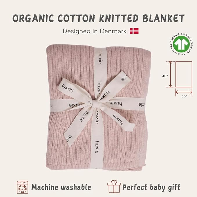 Knitted Organic Cotton Baby Blanket- Swaddle Blanket, 30" x 40" Soft Receiving Blanket for Newborn (Ribbed-Blush)