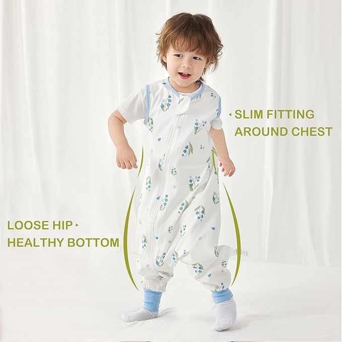 Super Soft 0.5 TOG Sleep Sack with Legs, 100% Organic Cotton Side Open Lightweight Toddler Sleep Sack with Feet, Bluebell, M