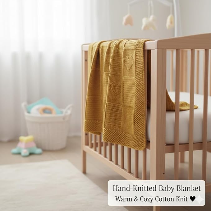 Heart Baby Knit Blanket – 100% Cotton Soft Lightweight Receiving Blanket with Square Heart Design for Newborn Infant Toddler Boy Girl, Cozy Crib Stroller Blanket