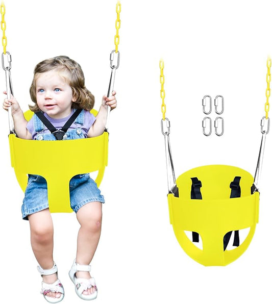 High Back Full Bucket Toddler Swing Seat with 3- Point Adjustable Safety Harness, 66 inch Detachable Chain,Suitable for Babies Aged 6-24 Months,Baby Swing for Swingset (Yellow)