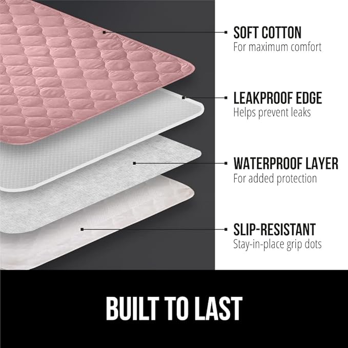 GORILLA GRIP Washable Underpads, Waterproof Reusable Heavy Absorbency Incontinence Bed Pads, Leak Proof Toddler Mattress Pad, 52x34 Slip Resistant Protector for Bedwetting, Adults and Kids, Pink