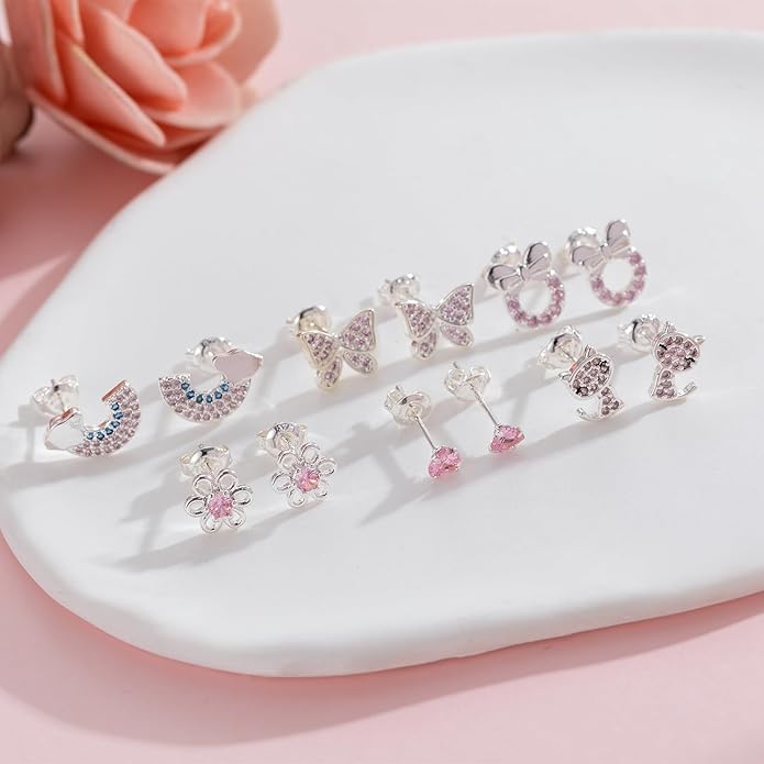 6 Pairs Huggie Hoop Earrings 925 Sterling Silver Stud Sets Cute Heart Hoops Tiny Cubic Zirconia Flower Stud Small Hypoallergenic Cartilage Sleeper Earrings