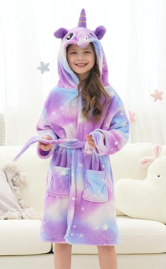 Doctor Unicorn Girls Fleece Hooded Robe Toddler Warm Fuzzy Bathrobe