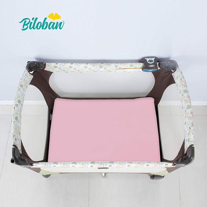 Biloban Pack and Play Sheets Fitted, 2 Pack Pack and Play Sheet Fits for Graco Pack n Play Mattress, Neutral Playard Sheets for Baby Boys and Girl, White & Pink, 38”X 26”