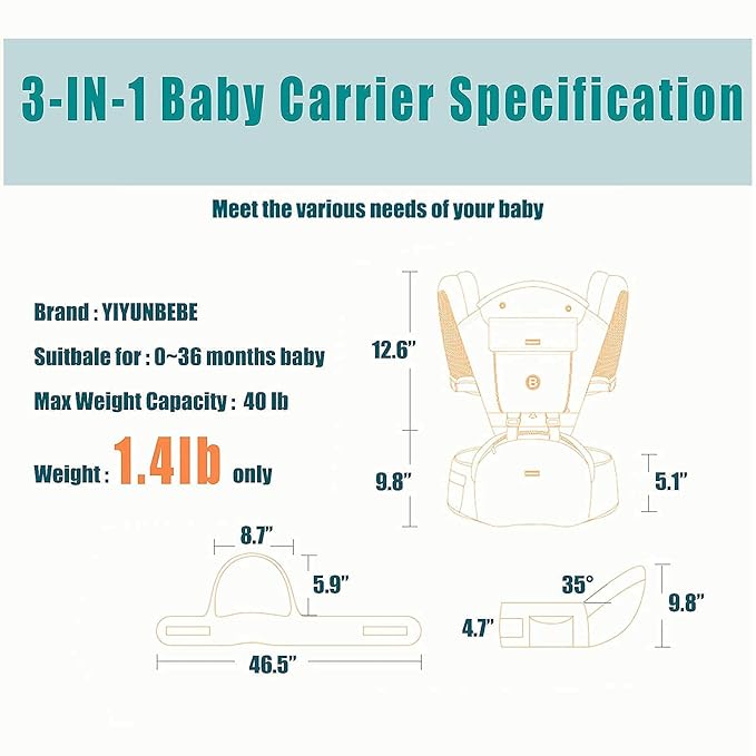 Baby Carrier with Hip Seat, YIYUNBEBE 6-in-1Baby Carrier Newborn to Toddler, Adjustable Detachable Infant Baby Holder Carrier for 7-44lbs, All Seasons Dark Blue