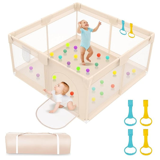 Playpen for Babies and Toddlers 50x50 inch - Baby Gate Playyard with Soft Breathable Mesh Cover - Indoor and Outdoor Baby Play Pen - Portable Playpen for Babies (Apricot)
