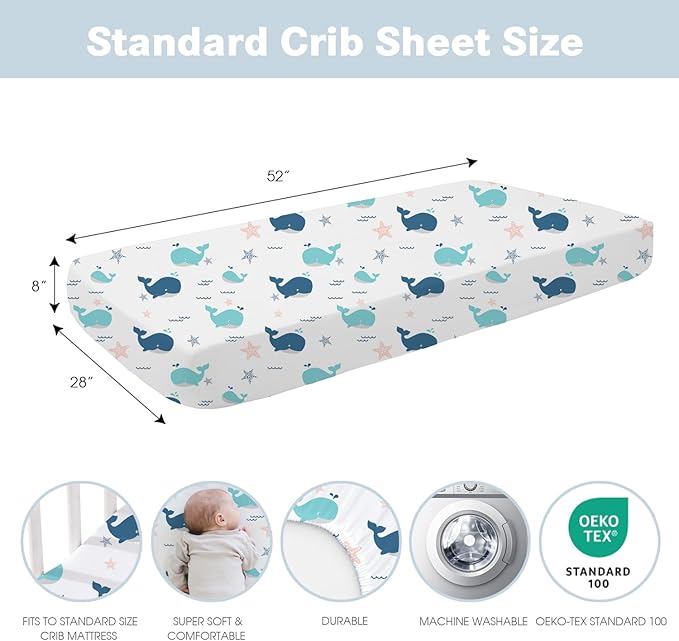 Little Grape Land Toddler Sheets 4 Pack – Baby Crib Sheets Fitted for Boys Girls, Standard Size 28x52‘’ Crib Mattress, Super Soft Breathable Washable Microfiber (Whale/Shell Blue/Ocean/Navy)