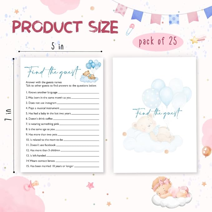 Find The Guest Baby Shower Game, 25 Double-Sided Blue Bear Games for Boys, Interactive Baby Boy Party Supplies, Baby Boy Celebrations - B05