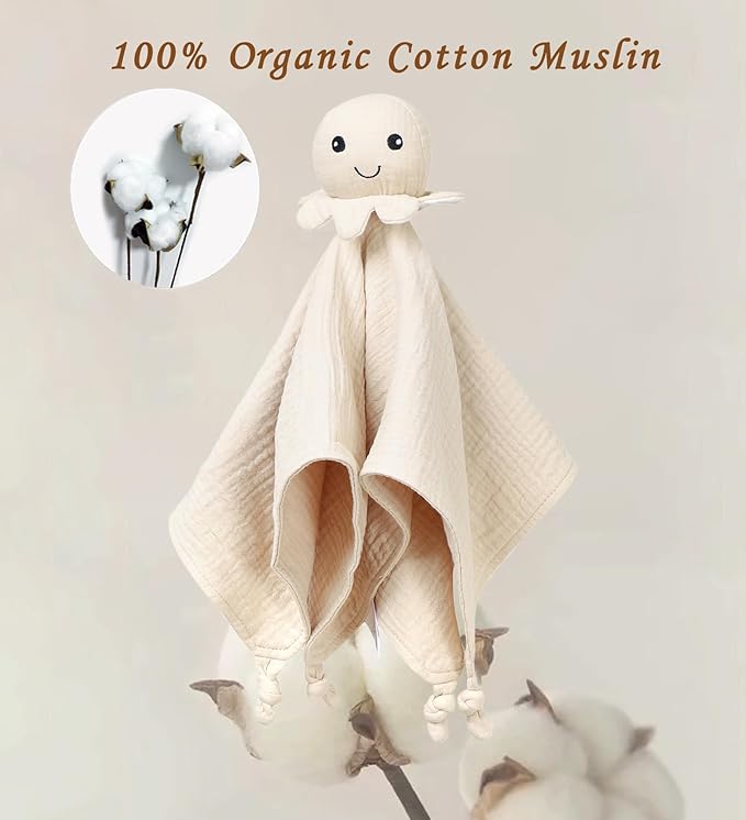 Organic Cotton Muslin Loveys for Babies,Security Blankets for Baby Lovey,Newborn Baby Gifts for Boys and Girls (Octopus Khaki)