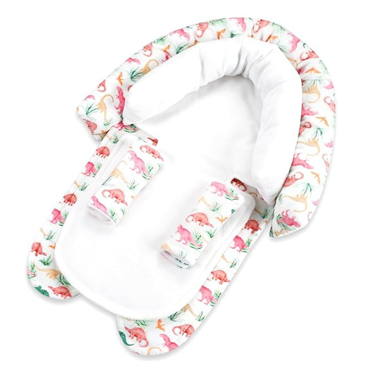 SWESEN Baby Car Seat Head Support, Super Soft 2 in 1 Infant Car Seat Insert, Reversible Newborn Car Seat Insert Cushion with Strap Covers for Strollers, Bouncers, Swing, Dinosaur