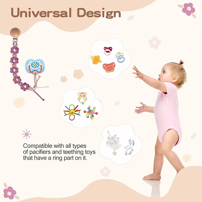 Pacifier Clip for Boys Girls Floral Daisy Macrame Paci Clip Pacifier Holder Leash Boho Wooden Clips Handmade Braided Cotton Unisex Baby Shower Birthday Gift