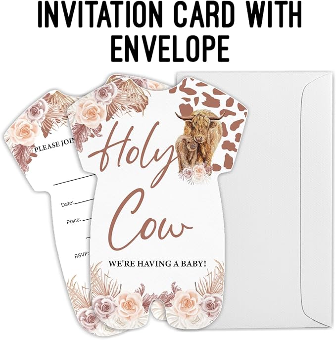 LyoGao Highland Cow Baby Shower Invitations With Envelopes (20 Pack) - Boho Pampas Holy Cow Theme Fill in Invites Cards for Baby Shower Gender Neutral