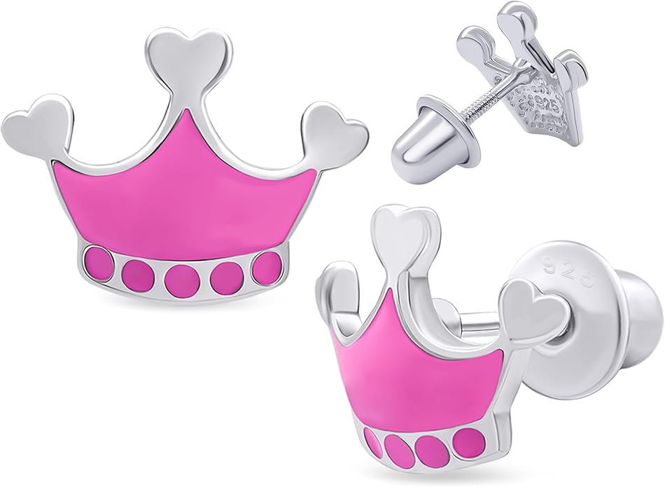 925 Sterling Silver Crown Pink Stud Earrings for Girls Hypoallergenic Safety Screw Back Rhodium Plated - Crown Pink Gifts Earrings for Baby Toddlers Little Teens Kids Jewelry