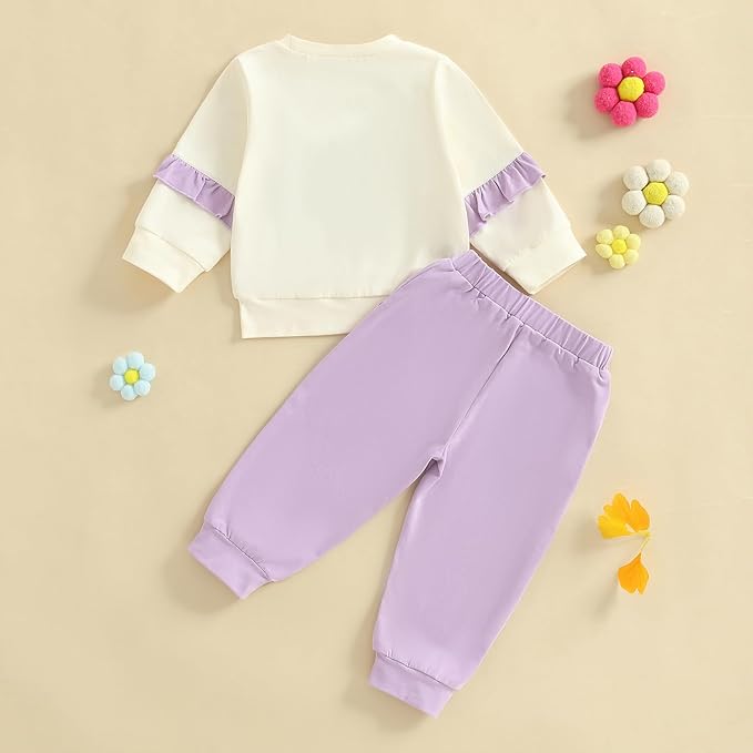 Madjtlqy Toddler Baby Girl Fall Winter Outfit Clothes Flowers Crochet Embroidery Long Sleeve Sweatshirt Tops and Pants Set
