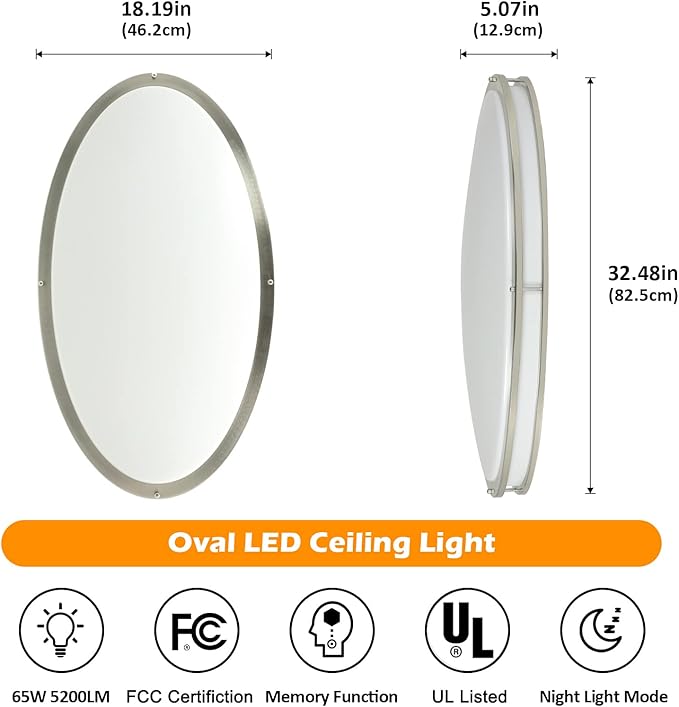 DLLT 32In Oval LED Ceiling Light Fixture, 65W Dimmable LED Flush Mount Ceiling Light with Remote, 3000K/4000K/5000K Adjustable, Brush Nickel Finish for Bedroom/Living Room/Dining Room