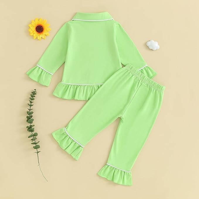 Toddler Kids Baby Girl Solid Pjs Ruffle Long Sleeve Button Shirt Top and Pants Cotton 2Piece Pajamas Set