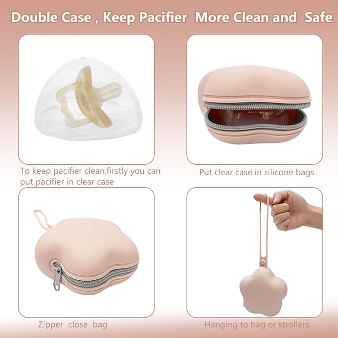 4 Pack Pacifier Holder Case,2pcs Silicone Portable Pacifier Pouch and 2pcs Transparent Nipple Holder Case Container, On-the-GO Pacifier Storage Container Box,BPA Free, Easy to Clean(Pink+Khaki)