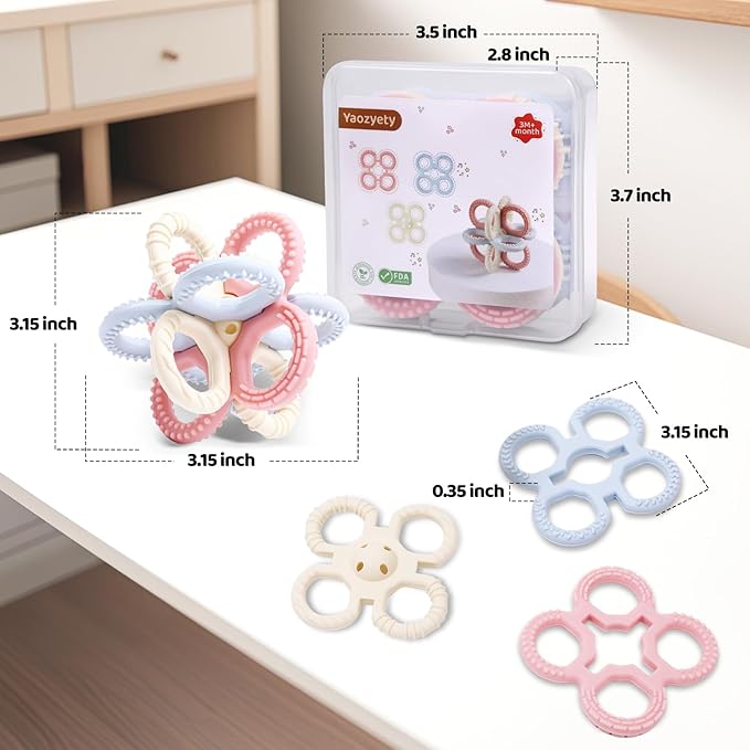 Baby Teething Toys 3 in 1 Silicone Teethers - BPA Free Food Grade Silicone Teething Ring Rattle Toys for Babies 3-6 Months 6-12 Months, Soft & Easy Hold, Baby Chew Toy for Toddlers (Pink)