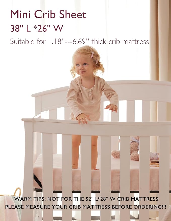 Momcozy Muslin Fitted Mini Crib Sheets, 38"x26", 2 Pack Soft Breathable Natural Cotton Baby Mattress Sheet, 360° Mattress Wrapping No Slip Boys Girls Neutral Toddler Bed Sheet, Beige Blush