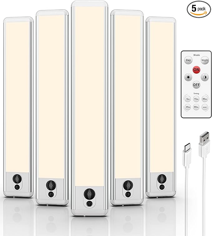 EZVALO Under Cabinet Lights, LED Closet Lights Wireless USB Charging, Motion Sensor Lighting Indoor 3500K Dimmable with Remote Control (Warm) 5 Pack