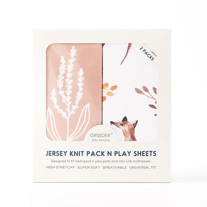 GRSSDER Stretchy Ultra Soft Jersey Knit Fitted Pack n Play Sheets Set 2 Pack, Fit Portable/Mini Crib, Playards Mattress Pads Safe and Snug, Pretty Fox for Baby Girls
