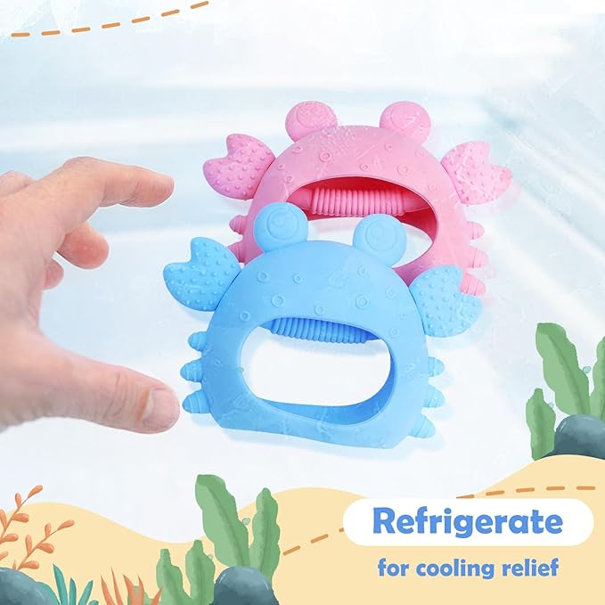 Anboor 2 Pack Baby Teething Toys,Silicone Teethers for Babies 0-6 Months Anti Dropping Hand Teether,Infant Baby Chew Toys for Teething Relief,Ideal Thing for Newborn Soon-to-be Mothers (Pink&Blue)
