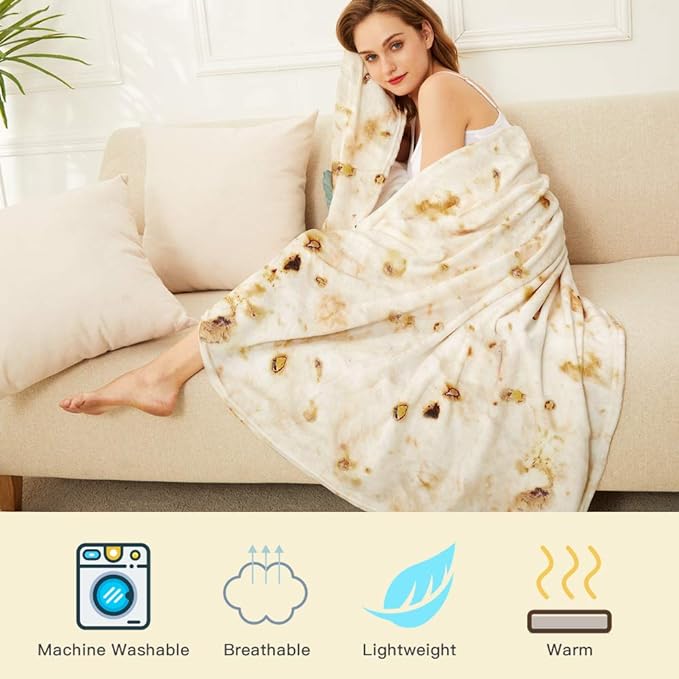 Burrito Tortilla Throw Blanket, 2.0 Double Sided Burritos Taco Tortilla Wrap Blankets for Adults Kids, Giant Funny Realistic Food Blankets, Soft Flannel Round Throw Blanket 80in