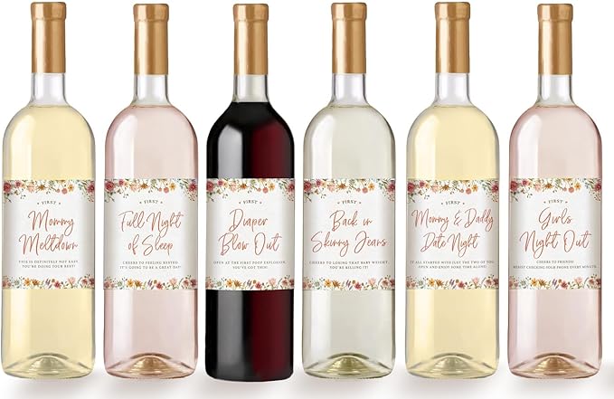 Printed Party Baby Shower Wine Label Gift Set - Mommy's First Milestones, Wine Bottle Labels for Expecting Mother to Be, Baby in Bloom Wildflower Theme (Set of 6)