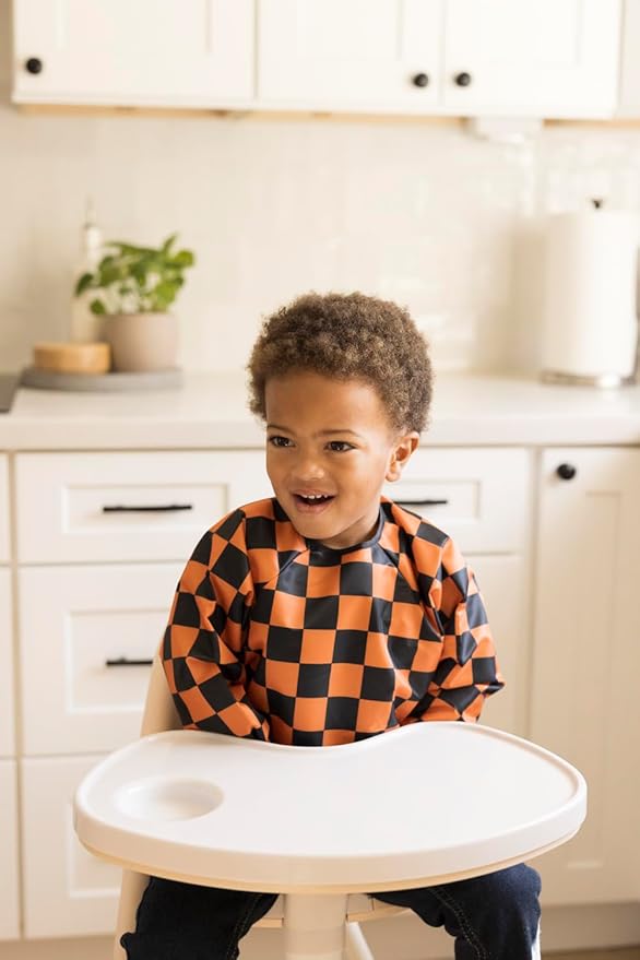 Tiny Twinkle Mess Proof Baby Bib,Waterproof Smock Baby Bib for Eating,Machine Washable Long Sleeve Bib,Baby Led Weaning,Toddler Bib,BLW Supplies(Orange,Black Checkers, Small 6-24 Months)