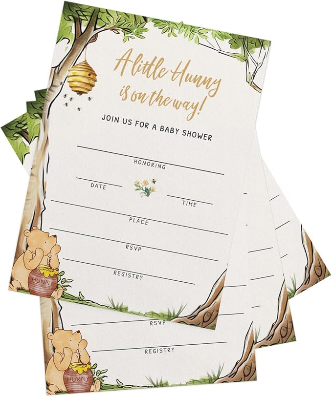 Printed Party Winnie Baby Shower Invitations with Envelopes – Classic Pooh Theme, Gender Neutral Storybook Design for Baby Boy or Girl, Set of 30