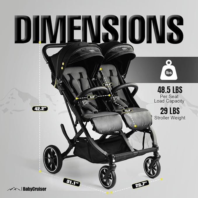 BabyCruiser Double Stroller Newborn and Toddler – Compact Side by Side Twin Stroller, Lightweight, Easy Maneuverability, Fits Standard Doors, Adjustable Settings from Birth up to 48.5 lbs per seat