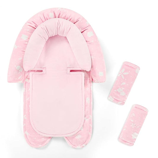 Infant Car Seat Insert & Strap Cover for Baby Girls, 2 in 1 Carseat Head Support Newborn, Ultra Soft Car Seat Cushion for Babies, Plush Fabric, Fit for Swing, Car Seat, Stroller, Bouncer, Pink