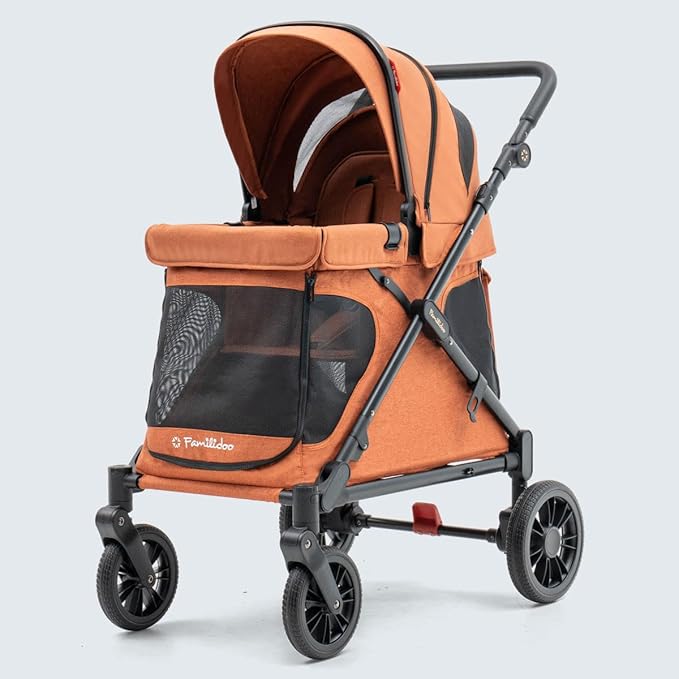 Familidoo Q1 Multi-Use Kids Wagon Stroller – Foldable, Lightweight & All-Terrain for Kids & Pets – 5-Point Safety Harness, Rain Cover & Compact Travel Design – Supports Up to 132 lbs (Burnt Orange)