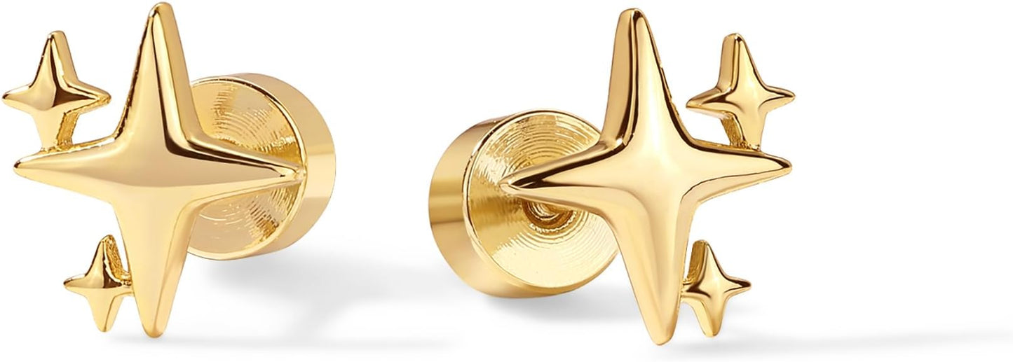 PAVOI 14K Gold Plated Dainty Flat Back Earrings for Women - Hypoallergenic Sterling Silver Posts Helix Cartilage Piercing Jewelry - Emoji Motif Bow Celestial Flatback Gold Stud Earrings Screw Back