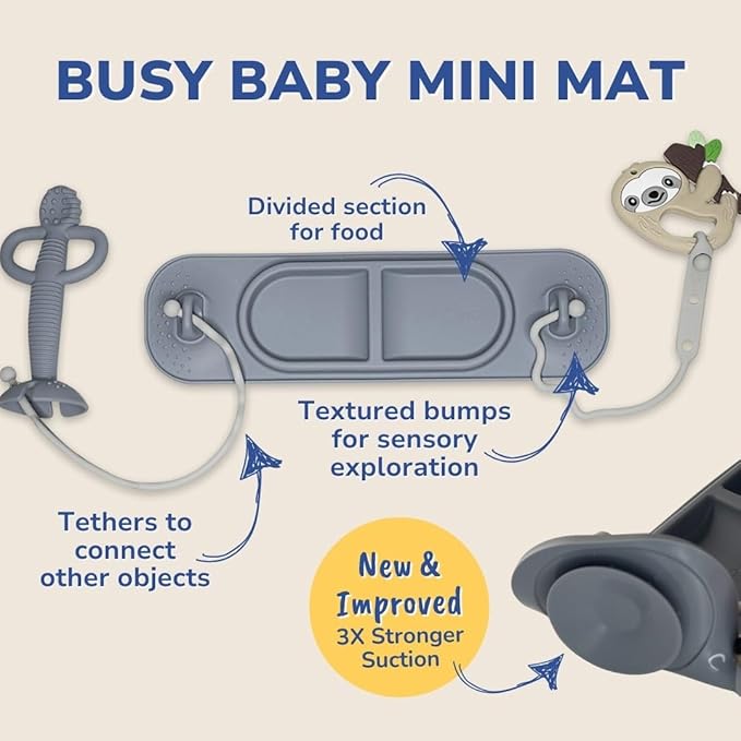 BUSY BABY Silicone Mini Mat - New and Improved Suction Cups, 2 Straps to Secure Baby Essentials, Self Feeding, Baby Led Weaning, Travel Wet Bag Included (Blue Mini)