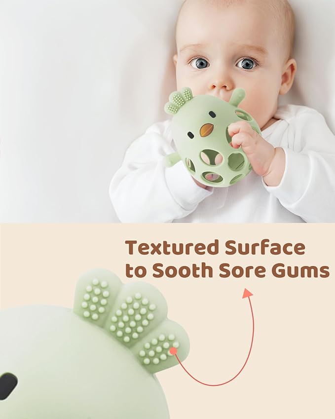 Baby Teething Toy, Easy-to-Grasp Sensory Teether for Infants 3–12 Months, 100% Food-Grade Silicone, Teething Relief & Developmental, BPA Free (Olive)