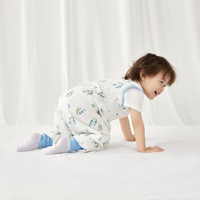 Super Soft 0.5 TOG Sleep Sack with Legs, 100% Organic Cotton Side Open Lightweight Toddler Sleep Sack with Feet, Bluebell, M