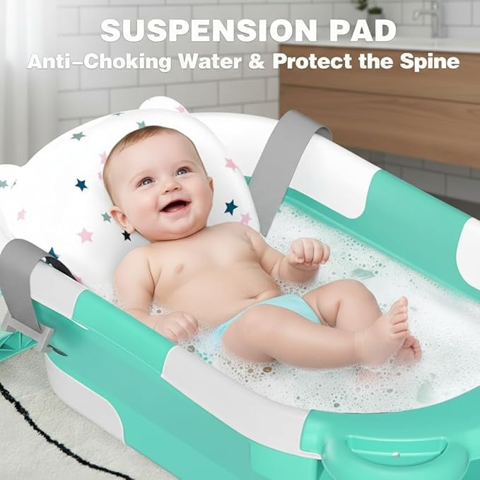 TPN Collapsible Baby Bathtub, Baby Bath Tub with Soft Cushion & Real-Time Thermometer, Baby Bathtub Infant to Toddler Tub (0-36 Months), Portable Newborn Travel Bath tub