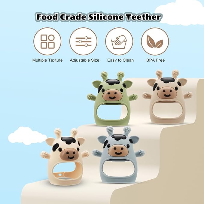 TOHIBEE 2 Packs Baby Teething Toys for 0-6 6-12 Months, Food Grade Silicone Adjustable Cow Teething Mitten, Chew Teether Toys for Teething Pain Relief, Baby and New Born Essentials, Blue & White