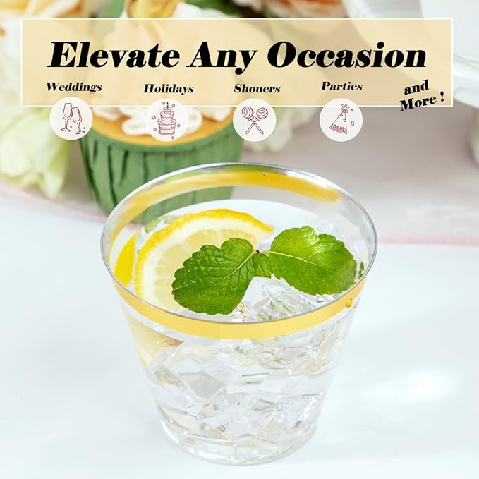WDF 200 Pack Gold Plastic Cups - 9 Oz Elegant Clear Plastic Cups Gold Rimmed - Fancy Disposable Party Cup Wedding Cup Drinking Tumblers Cocktail Glasses