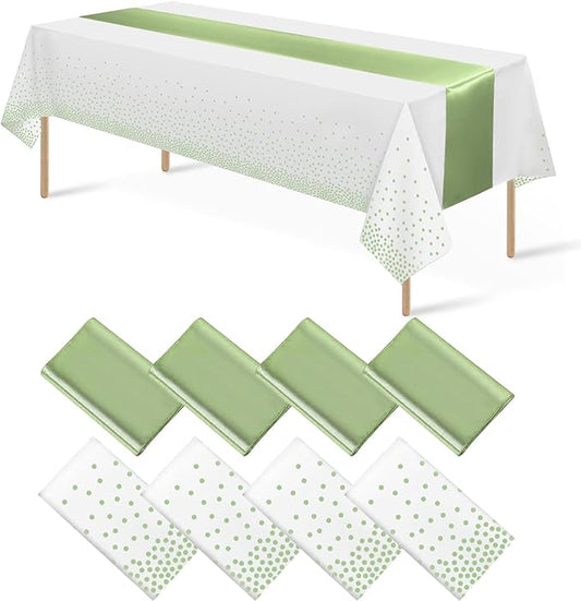 8Pack Plastic Tablecloths and Satin Table Runner Set Disposable White and Sage Green Dot Table Cloth Green Satin Table Runner for Wedding Birthday Baby Shower Anniversary Holiday Party Decorations