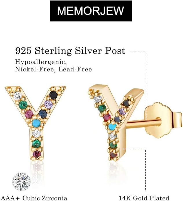 Memorjew Initial Stud Earrings for Women, Hypoallergenic 925 Sterling Silver Post Rainbow Cubic Zirconia Gold Plated 26 Initial Earrings for Women Jewelry Gifts