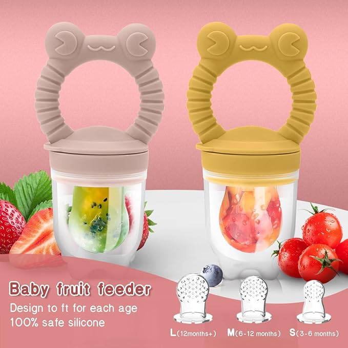 Baby Solids/Frozen Fruit Feeder Pacifier, Infant Teether Toy 4M+, BPA-Free Silicone Pouch & Nipple, Safely Introduce Solids, Teething Relief, 2-Pack - Pink/Yellow (Frog)