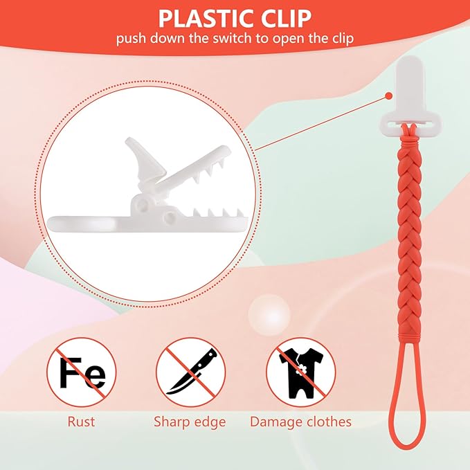 4-Pack Silicone Pacifier Clips with a Woven Rope Shape for Baby Boys and Girls - Flexible and Rust-Free Holders for Teething Relief and Baby Essentials, Safe for Newborns (Pink)